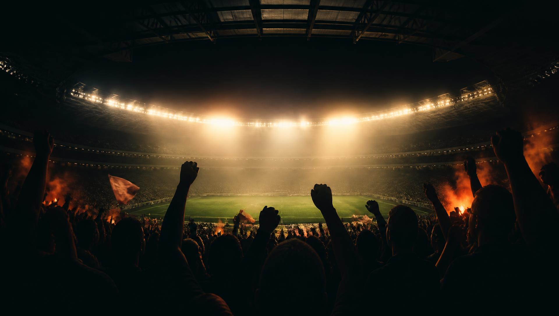 Crowd facing a brilliantly lit stadium