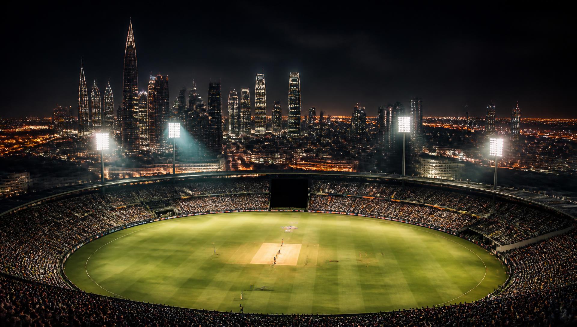 Riyadh skyline over a floodlit cricket ground